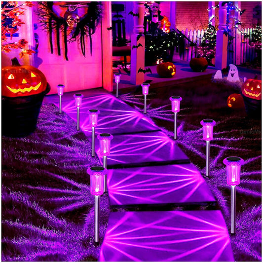 DenicMic Halloween Solar Lights Outdoor 10 Pack Purple LED Waterproof Yard Garden Patio Backyard Pathway Walkway Landscape Path Lawn Outside Halloween Decorations Outdoor