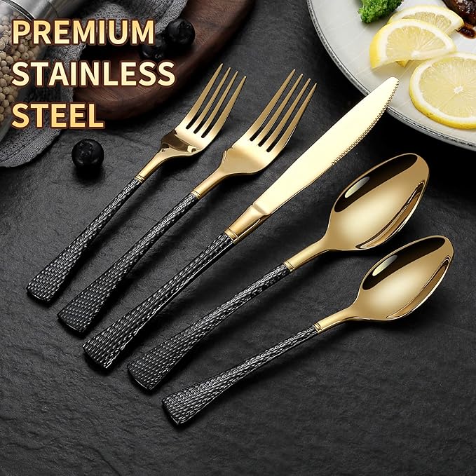 Hammered Black Gold Silverware Set,20 Piece Modern Flatware Set Service for 4,Mirror Polished Stainless Steel Cutlery Set Utensil Set Tableware Set,Kitchen Knives Fork Spoon Set,Dishwasher Safe