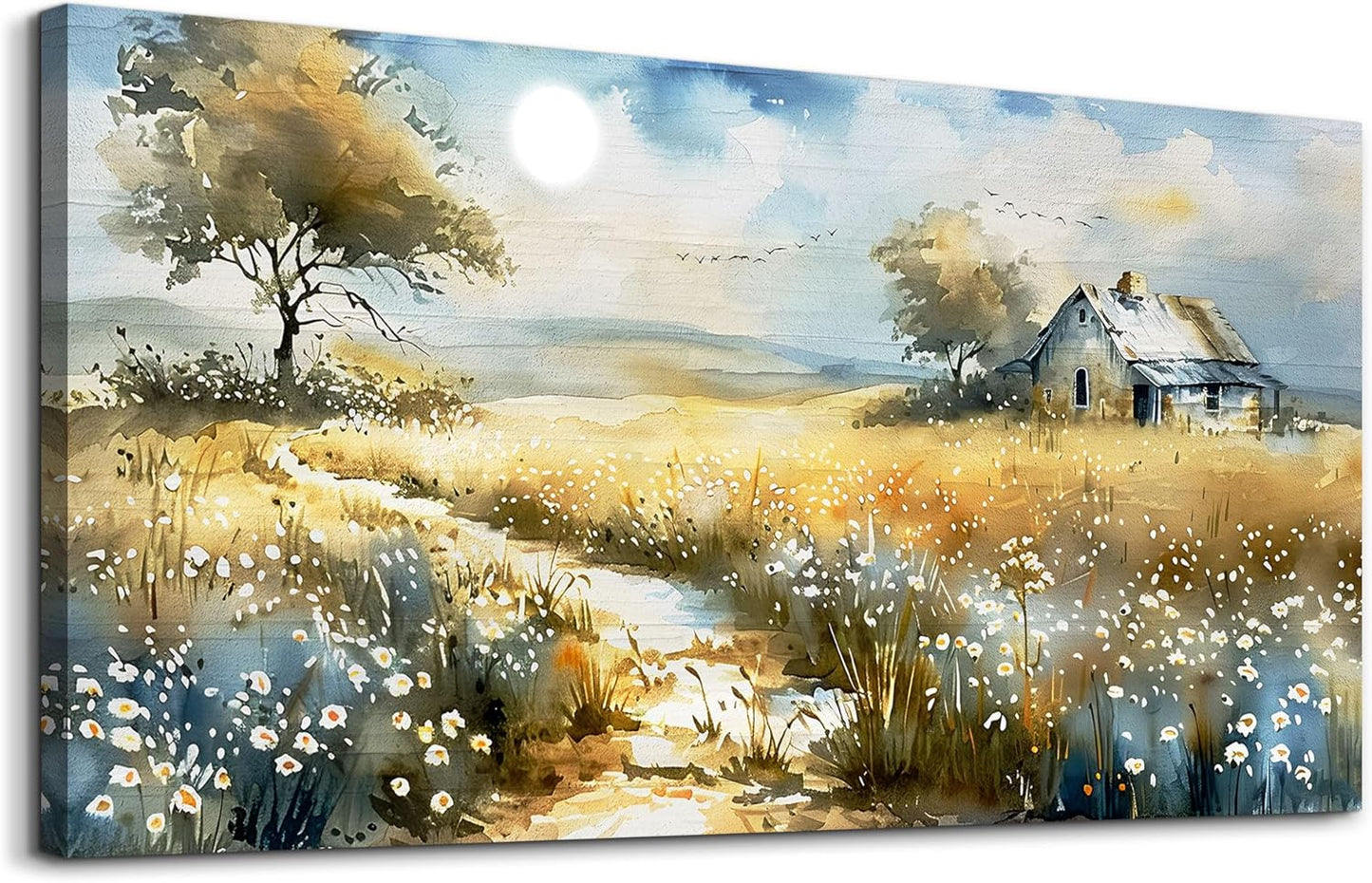 KELIYUAN Wildflower Field Landscape Painting Modern Canvas Print Wall Art Rural Field Mural Artwork Living Room Dining Room Wall Decoation For Bedroom Office Farmhouse Home Decoration 24x48 Inches