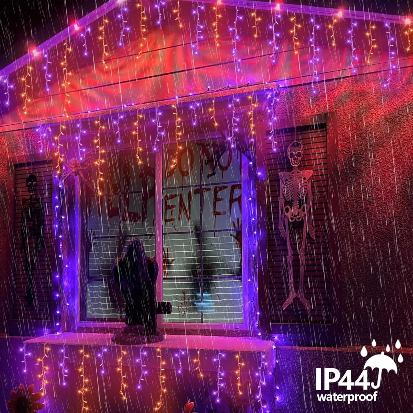 YEGUO 33ft 400 LED Orange and Purple Icicle Halloween Lights, 80 Drops Icicle Lights Connectable, 8 Modes Icicle Christmas Light with Memory Timer