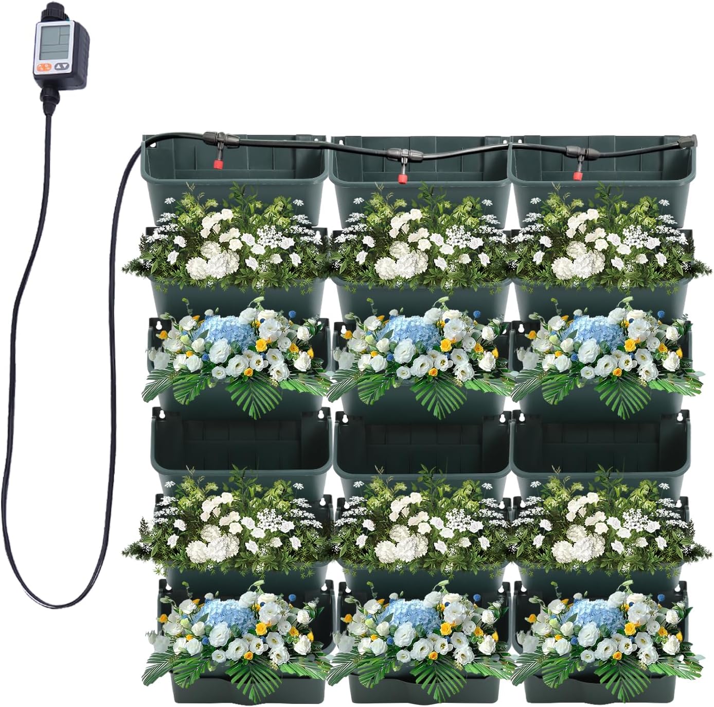 Self-Watering Wall-Mounted Planter, Vertical Garden Planter Set with 18 Pots, Stackable Plant Grow Pots with Electronic Timer for Growing Veggies, Fruits, Herbs, Flowers.