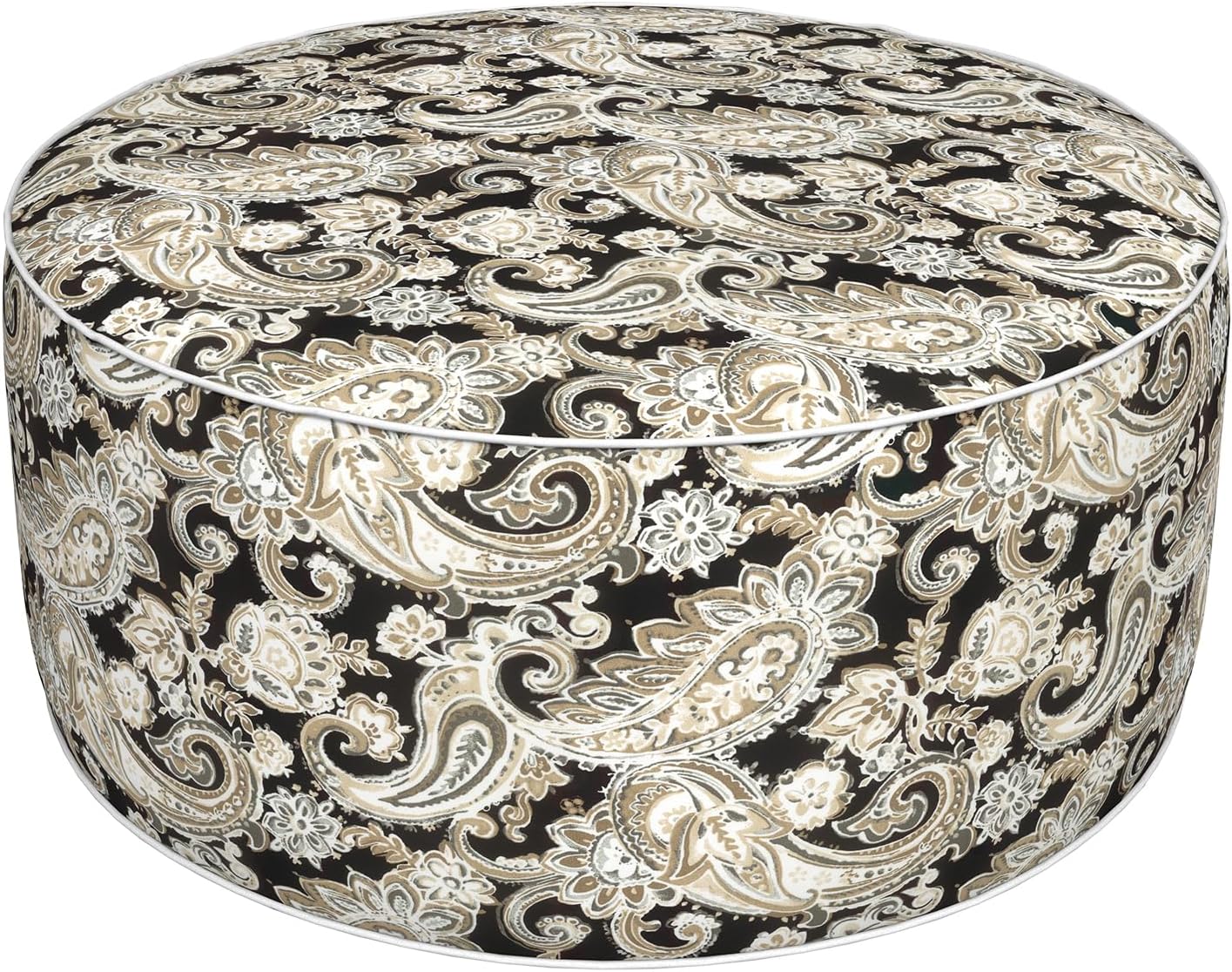 Inflatable Ottoman Stool D31 xH14 for Outdoor/Indoor Use, Water Repellent Patio Foot Rest Stool with Portable Handle,Round Pouf Ottoman Suitable for Garden,Deck and Camping - Paisley Black