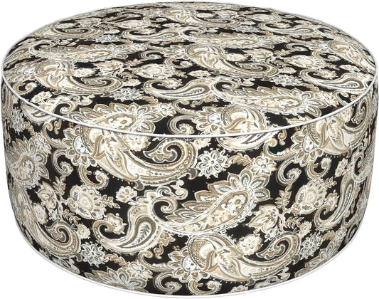 Inflatable Ottoman Stool D31 xH14 for Outdoor/Indoor Use, Water Repellent Patio Foot Rest Stool with Portable Handle,Round Pouf Ottoman Suitable for Garden,Deck and Camping - Paisley Black