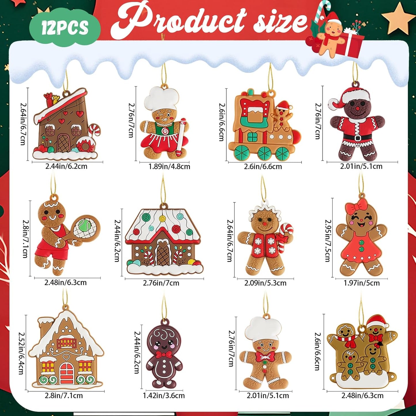 12pcs Gingerbread Man Ornaments for Christmas Tree, Assorted Gingerbread Figurines Decorations with Gingerbreads House Ornaments for Holiday Christmas Tree Home Decor