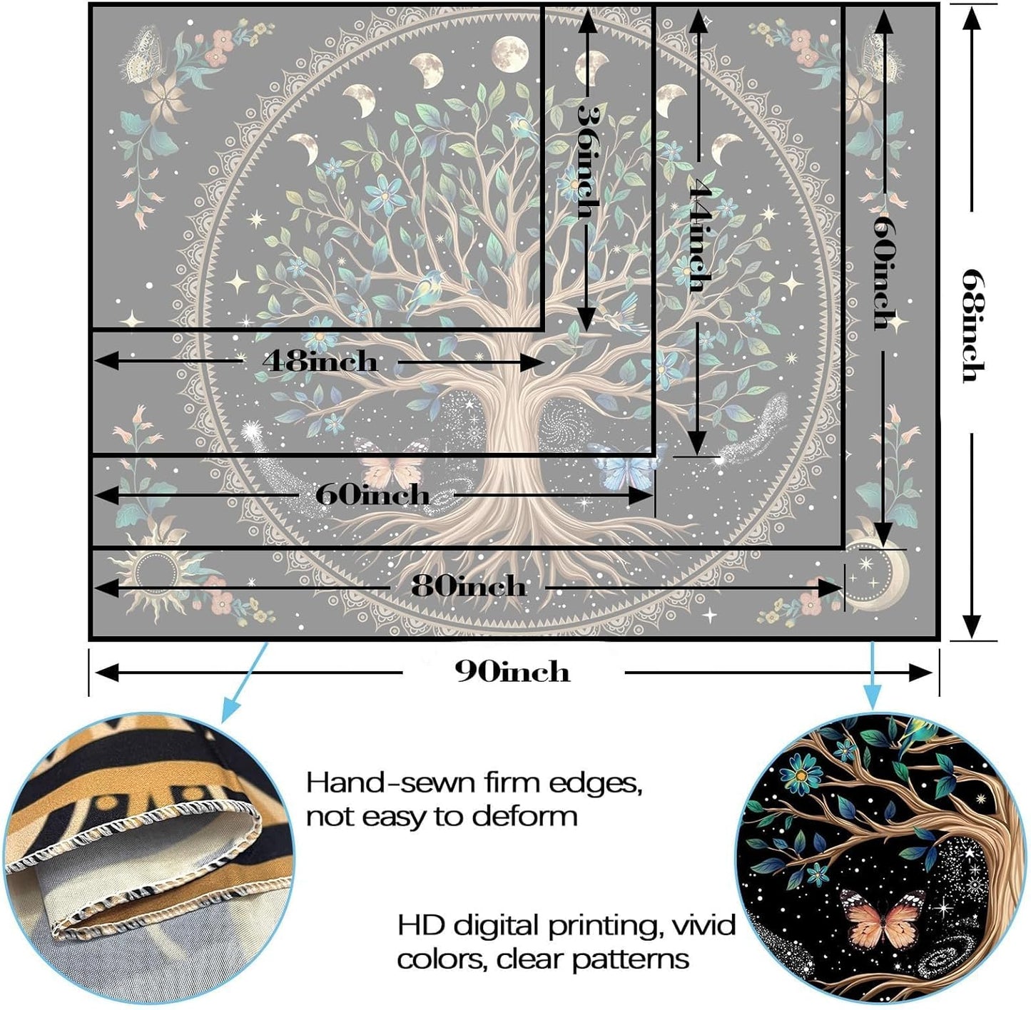 Lunerfex Tree of Life Tapastry Sun and Moon Tapastry Flower Boho Tree Mandala Wall Hanging for Bedroom and Living Room Decor Green Tree 44×60 Inches