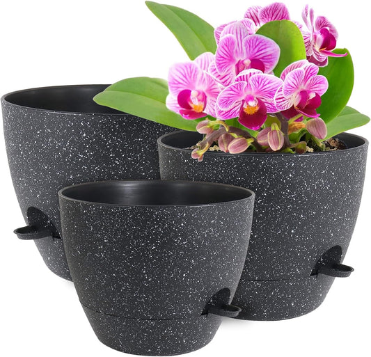 12/10/9 inch Large Self Watering Pots, Planter, Plant Pots with Mesh Drainage Holes for Indoor Outdoor Garden Plants, Plastic Flower Pots with Removable Deep Reservoir, Speckled Black