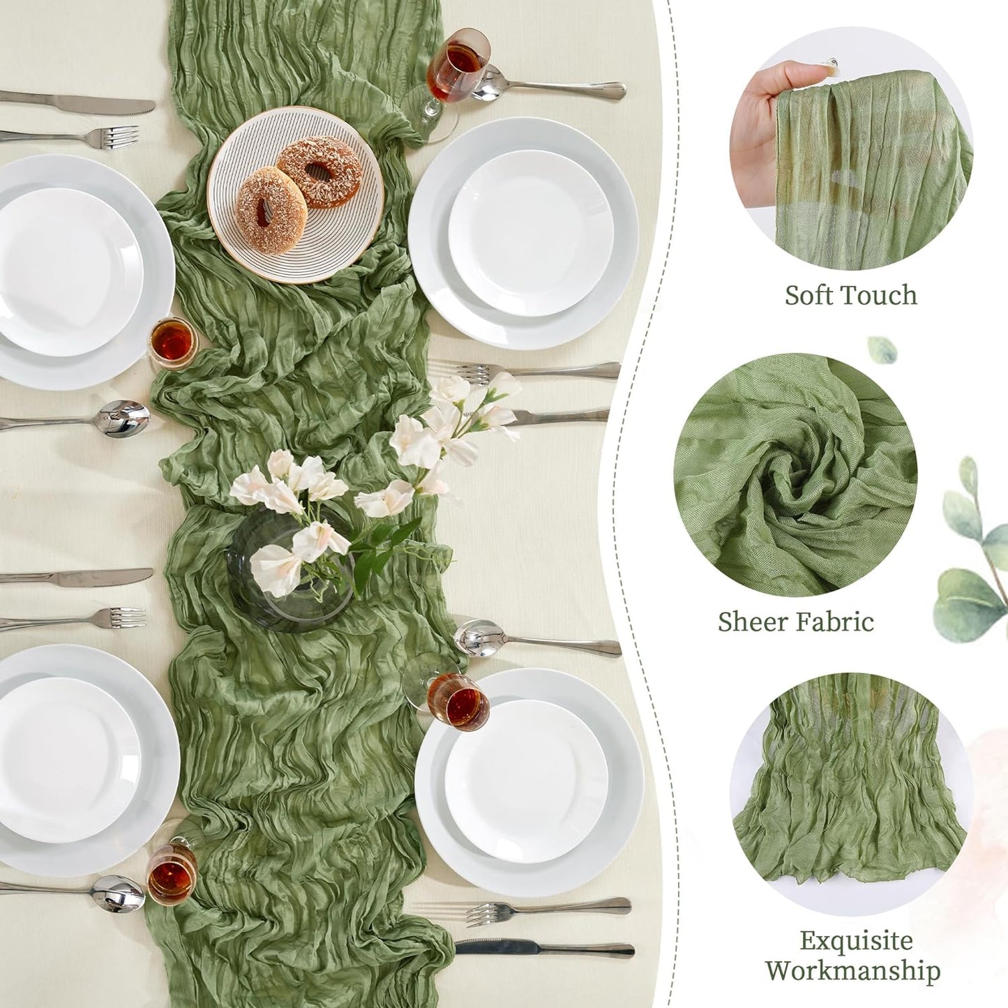 24 Pack Sage Green Cheesecloth Table Runner 10FT Long Boho Gauze Table Runner Rustic Sheer Runner for Wedding Bridal Baby Shower Birthday Party Table Decor Thanksgiving Christmas Decorations