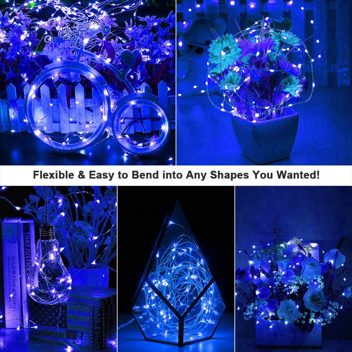 Led Fairy Lights Battery Operated, 2 Packs Mini Battery Powered Copper Wire Starry Fairy Lights for Bedroom, Christmas, Parties, Wedding, Centerpiece, Decoration (5m/16ft Blue)