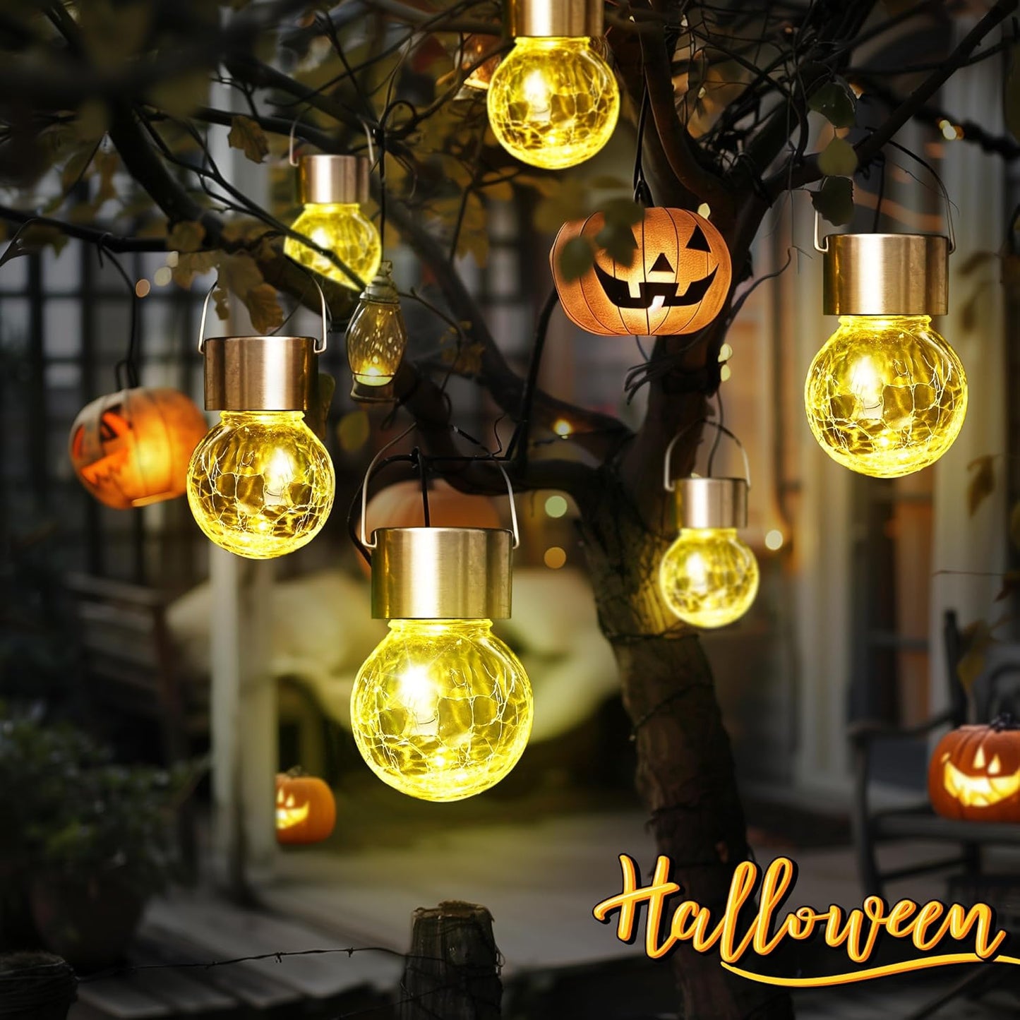 GIGALUMI 8 Pack Solar Outdoor Hanging Lights - Warm White LED, Water Resistant, Glass, Rechargeable Battery