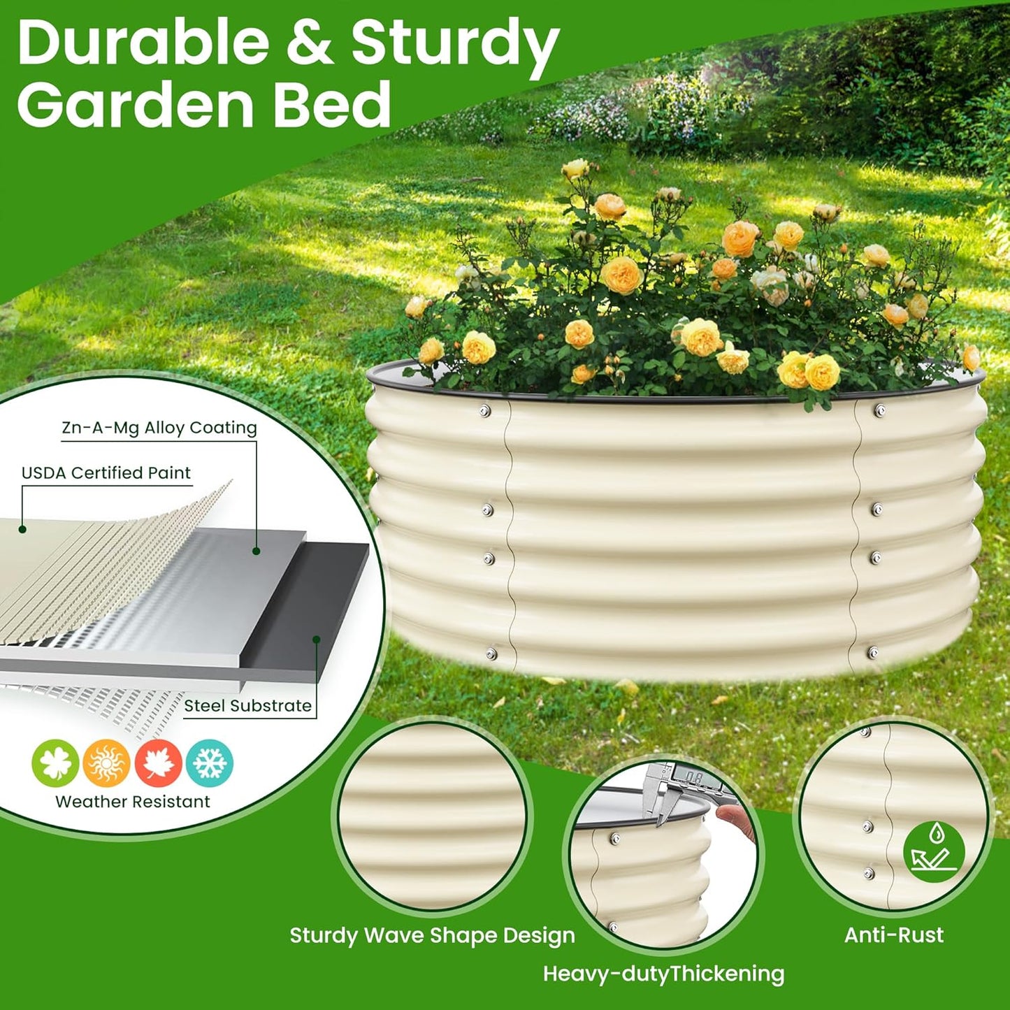 Round Raised Garden Bed Kit, 3.5x3.5x1.4Ft Outdoor Zinc-Aluminum-Magnesium Metal Flower Beds Stainless Steel Patio Ground Planter for Planting Vegetables (Ivory)