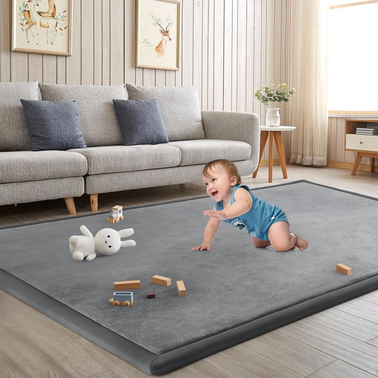 Baby Play Mat for Floor Tummy Time Mat Nursery Rug Muscle Mat Area Rug Playroom Rug Tatami Mat 6'7"x5'11" Memory Foam 1.3" Thick Crawling Mat for Babies,Toddlers, Infants, Kids,Floor Mat(Grey)