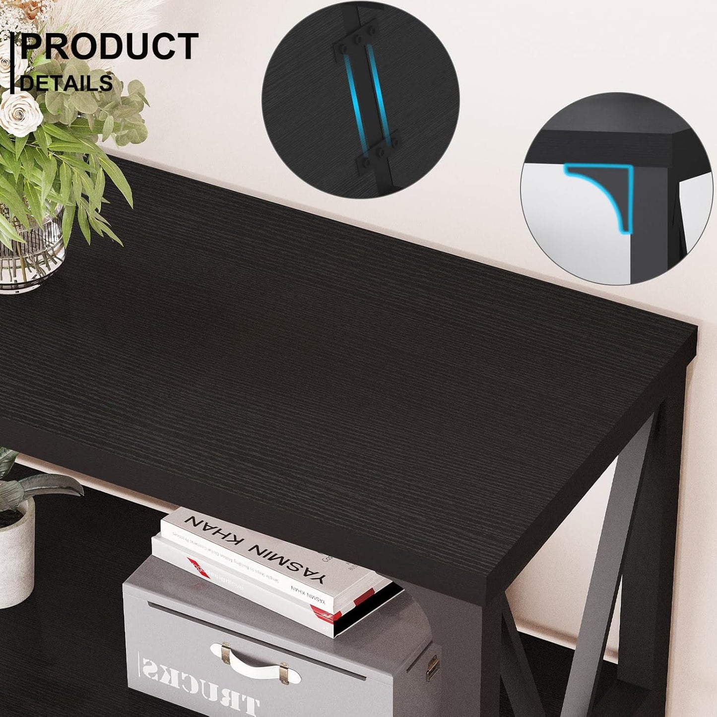 LVB Black Console Table, Modern Entryway Table with 3 Tier Storage Shelves, Industrial Sofa Table Behind Couch for Living Room, Farmhouse Wood Metal Entry Table for Hallway Foyer, Black Oak, 55 Inch