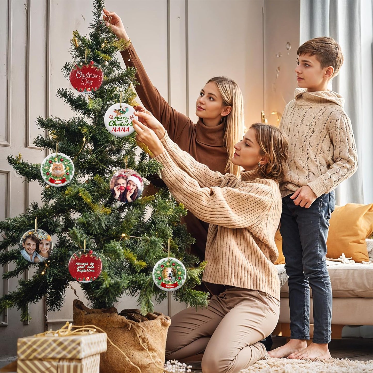 Personalized Christmas Ornaments 2025 - Custom Double-Sided Photo Ceramic Xmas Tree Hanging Decor, Unique for Family Friends (A02-Ceramic Style)