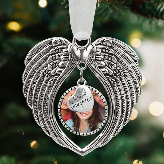 Christmas Ornaments Angel Wings with Custom Photo Frame for Loss of Loved One Remembrance Keepsake with Silk Ribbon & Red Gift Box