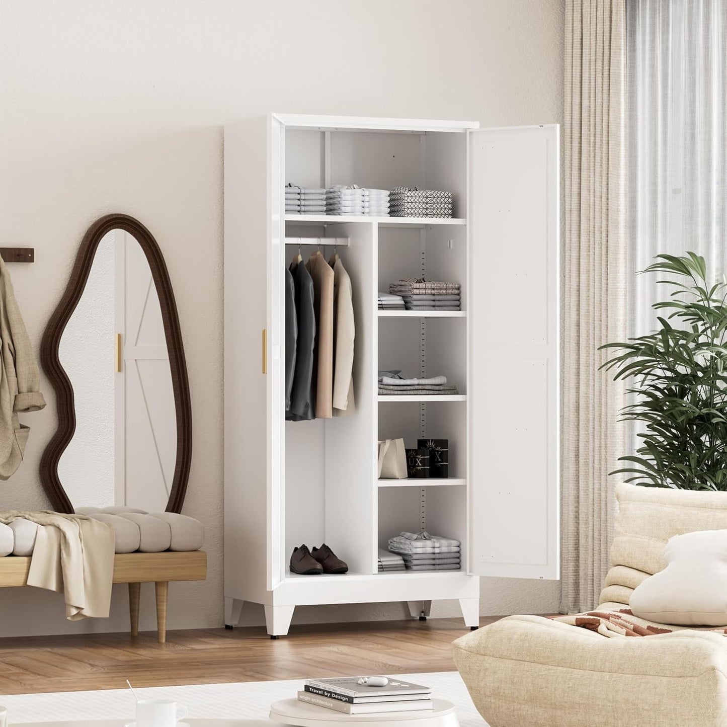 71'' Farmhouse Metal Wardrobe Cabinet with Hanging Rod, 2 Barn Door Wardrobe Closet with 5 Adjustable Shelves,Drawer,for Dining Room,Bedroom,Living Room, Cloak Room,Office (White)