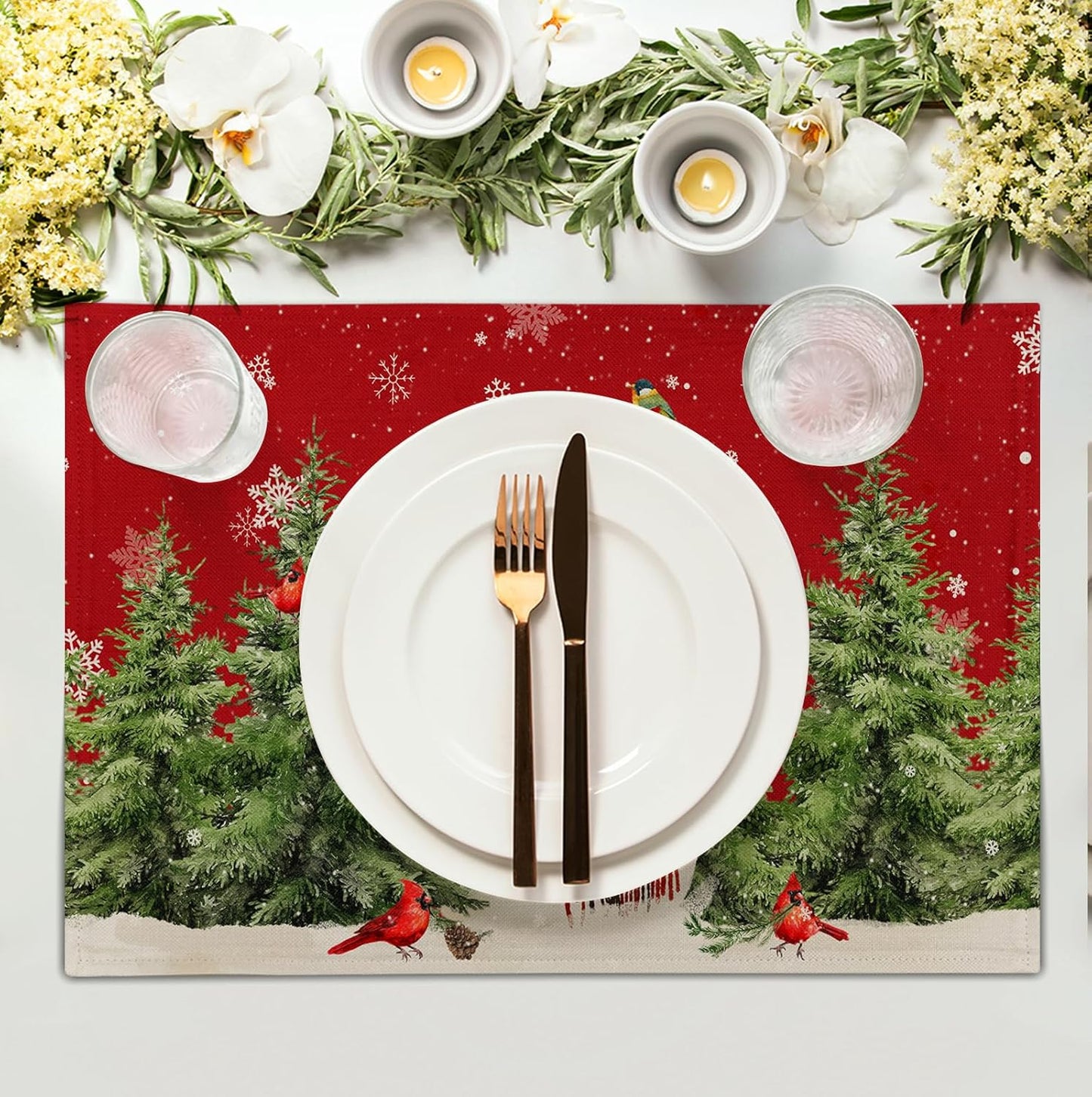 Snowman Christmas Red Placemats Set of 4 Xmas Tree Cardinal Snowflakes Linen Table Mats Seasonal Winter Holiday Place Mats Washable Placemat for Party Kitchen Dining Outdoor Indoor Decor