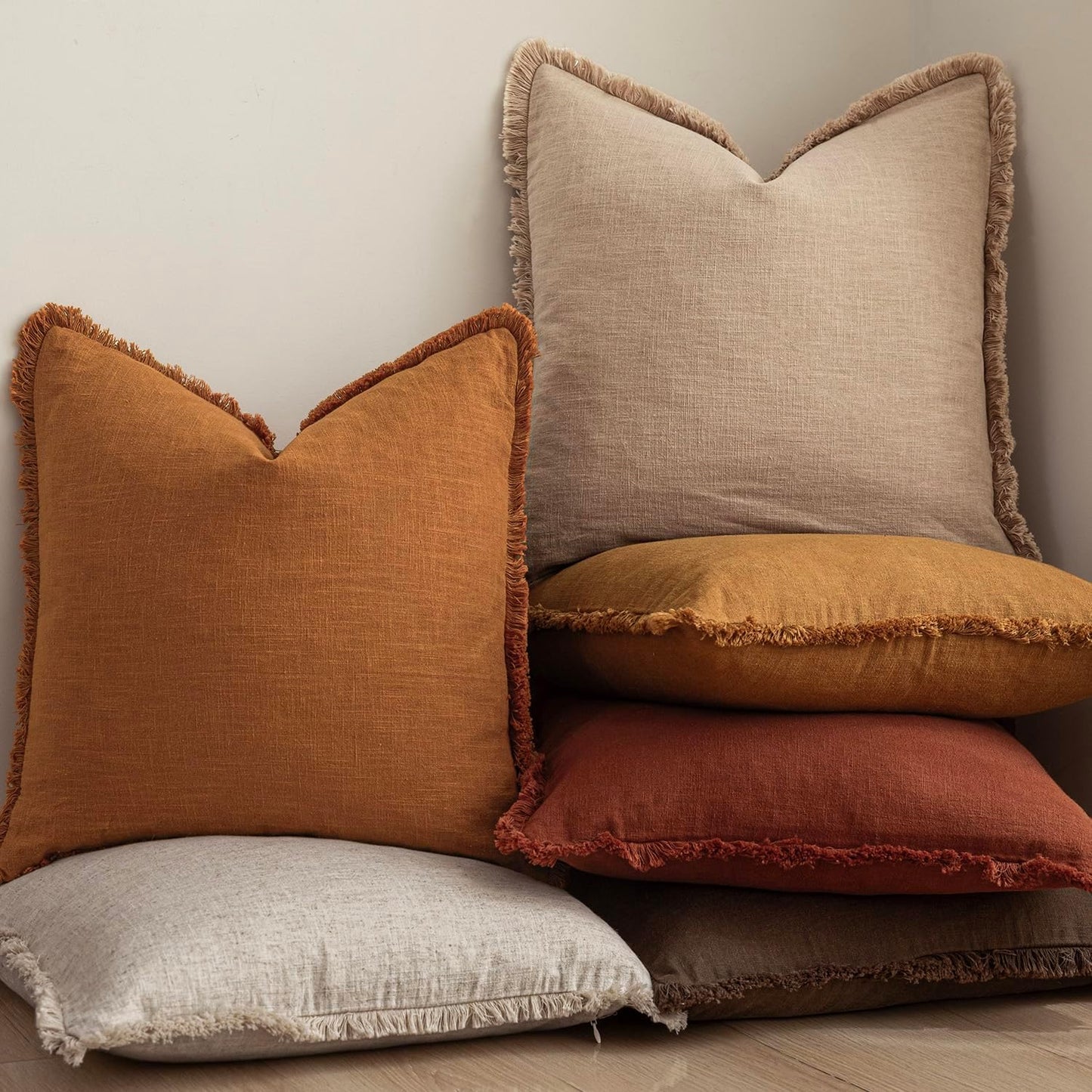 Foindtower Set of 2 Decorative Linen Fringe Throw Pillow Covers Cozy Boho Farmhouse Cushion Cover with Tassels Soft Accent Pillowcase for Couch Sofa Bed Living Room Home Decor, 22×22 Inch, Orange