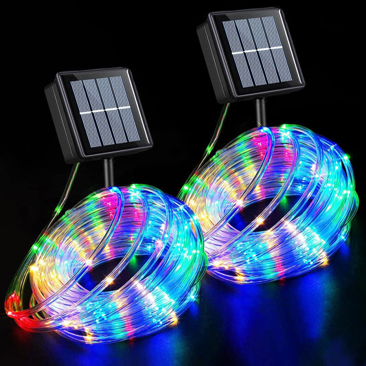 YEGUO 2 Packs Each 33ft 100 LED Solar Trampoline Lights Multicolor, Solar Rope Lights for Outside, 8 Modes Fairy Lights in Clear Thin Tube for Camping Fence Patio Garden Deck
