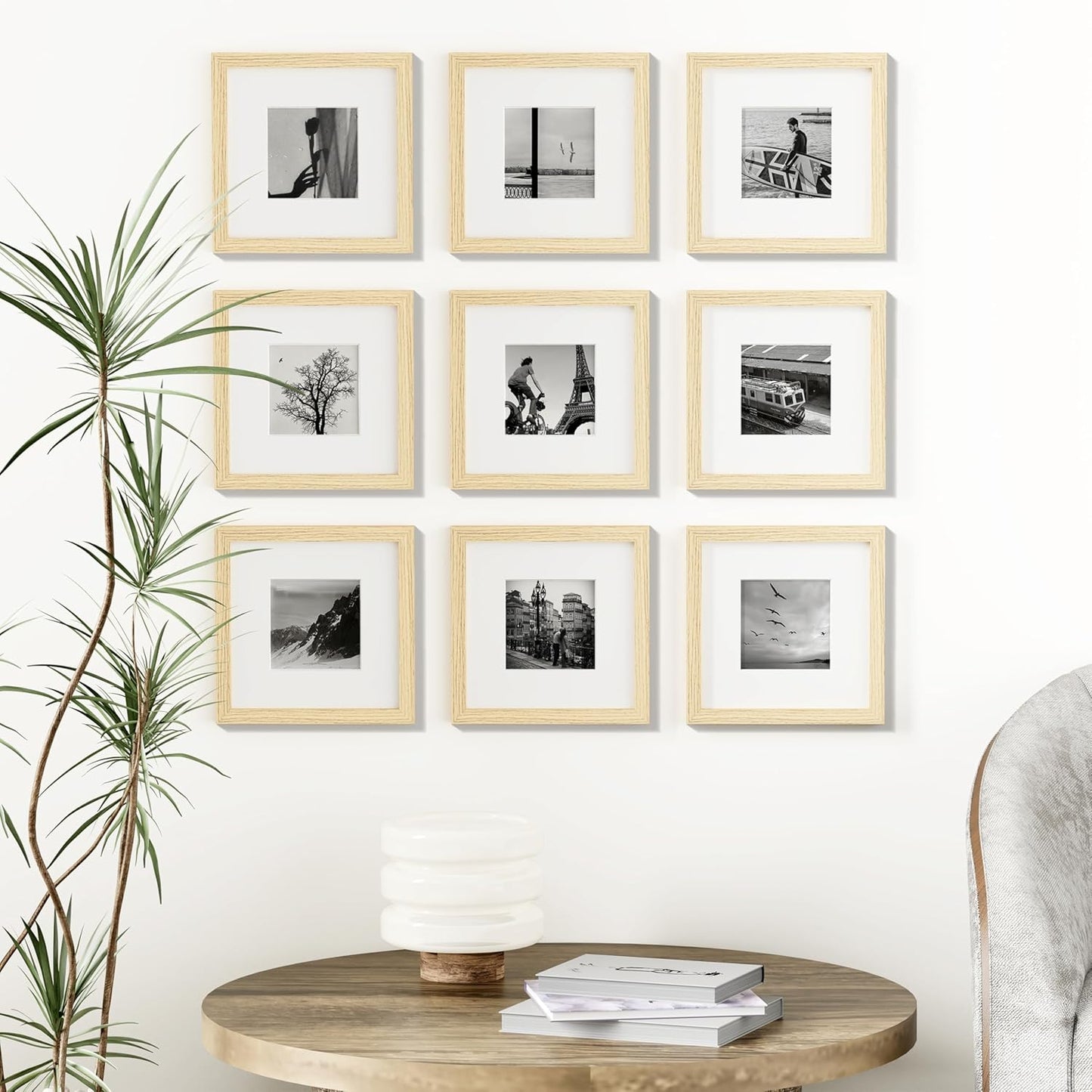 Vittanly 8x8 Picture Frames Set of 9, Shatter Resistant Plexiglass, Display 4x4 Pictures with Mat or 8x8 without Mat, Photo Frames for Wall Mount, Engineered Wood, OAK