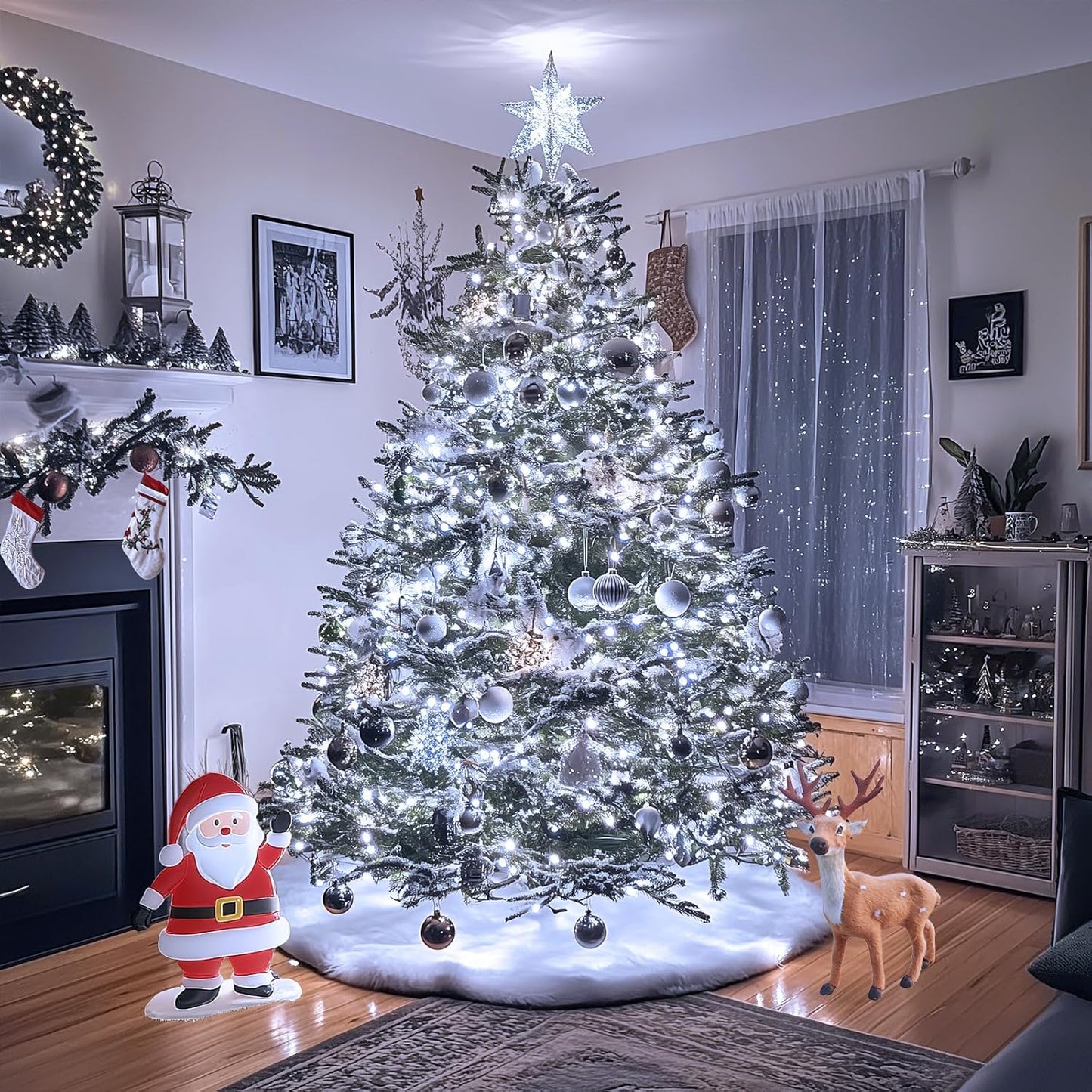 JMEXSUSS 300 LED White Christmas Lights, Outdoor Indoor, Green Wire, 8 Modes, Waterproof, Perfect for Xmas, Wedding, Party, Garden