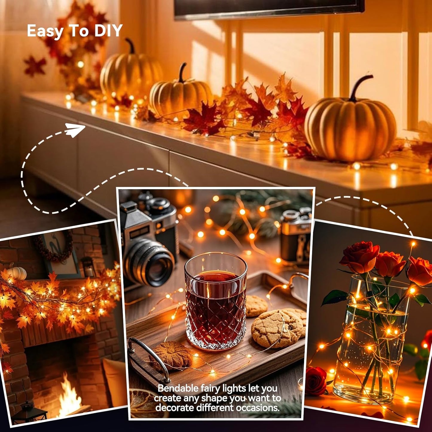 4 Pack 60LED Halloween Fairy Lights Battery Operated - 20FT Twinkle Lights with 2 Lighting Modes Indoor Outdoor, Waterproof Led Fairy String Lights for Christmas, Bedroom, Dorm, DIY Decor, Orange