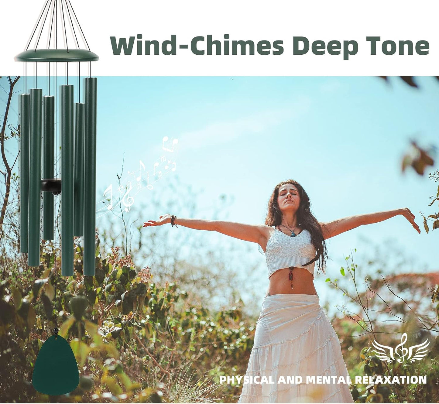 Wind-Chimes-Outdoor-Deep-Tone, Large Soothing Melodic Tones Windchimes, Wind Chimes for Outside, Memorial Wind Chime Best Gift for Mom Women Grandma Neighbors(32" Forest Green Coated Aluminum)