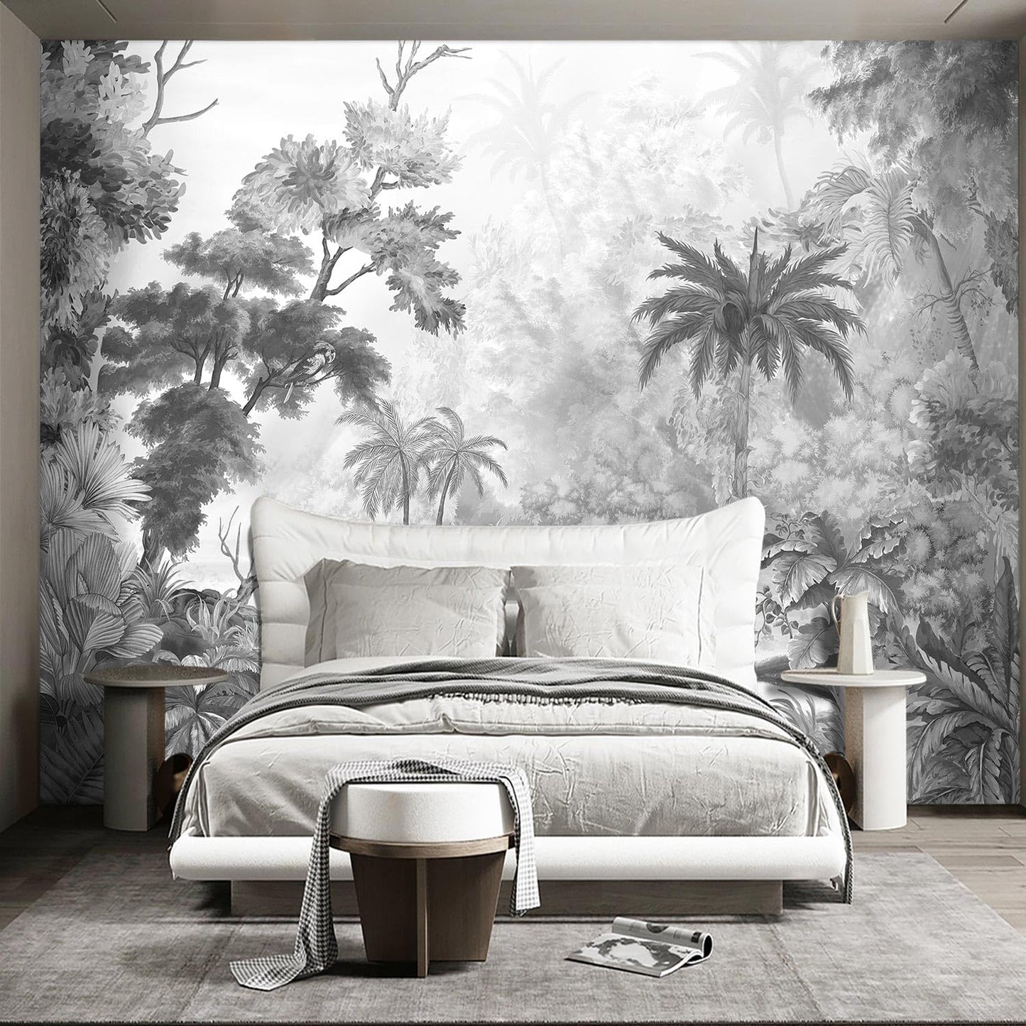 Grey Tropical Rainforest Plant wallpeper Living Room Bedroom Jungle Botanical Wall Mural - 137"x96"（Not Peel and Stick）