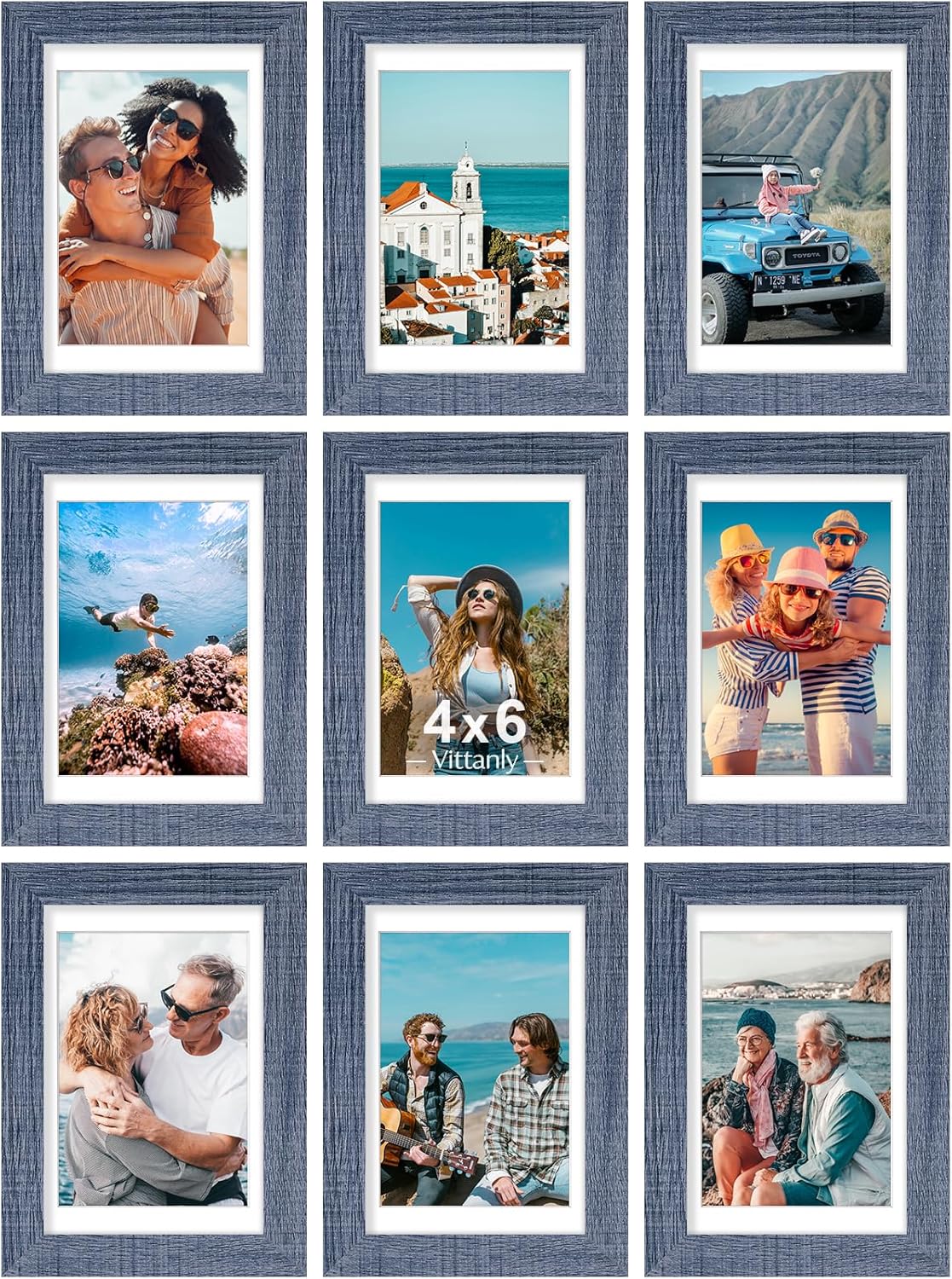 Vittanly 4x6 Picture Frames Set of 9, Shatter Resistant Plexiglass, Display 3.5x5 Pictures with Mat or 4x6 without Mat, Photo Frames for Wall or Tabletop, Engineered Wood, Navy