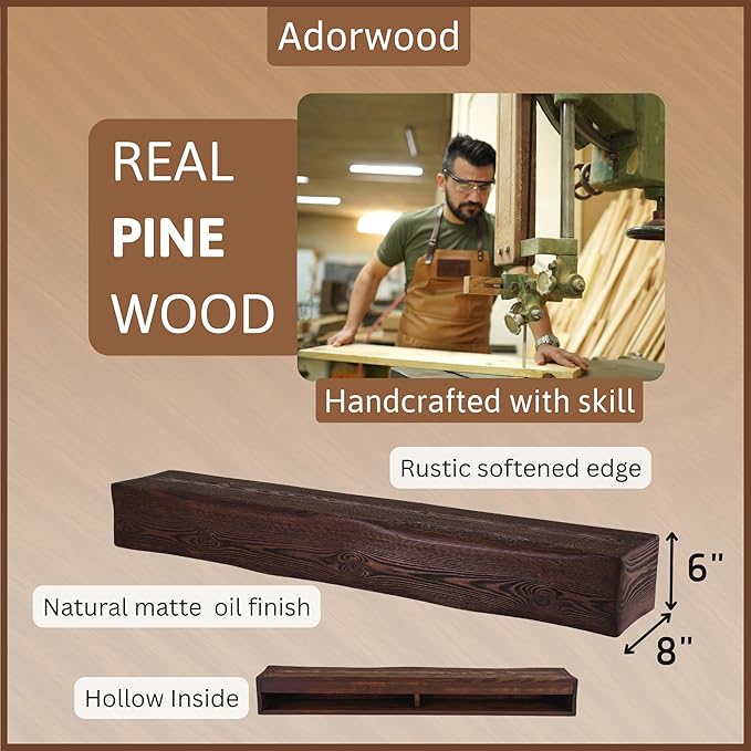 Handmade Fireplace Mantel Shelf, Extra Wide Rustic Wood Mantles for Over Fireplace, Wall Mounted Floating Mantel Shelves for Living Room Decor (Dark Walnut, 60 inches)