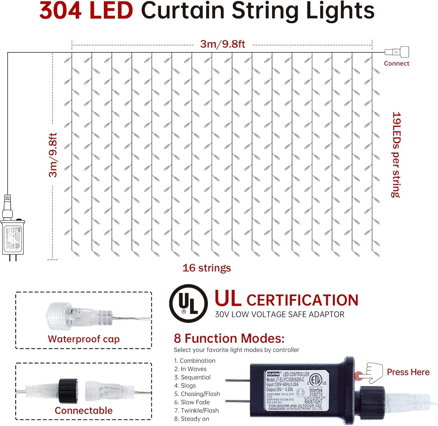 HEYFUNi 304 LED Curtain Lights Outdoor, 9.8Ft*9.8Ft Hanging String Lights Plug in with 8 Modes, Connectable Curtain Fairy Lights for Bedroom, Dorm, Christmas, Wall, Backdrop, Wedding Decor, White