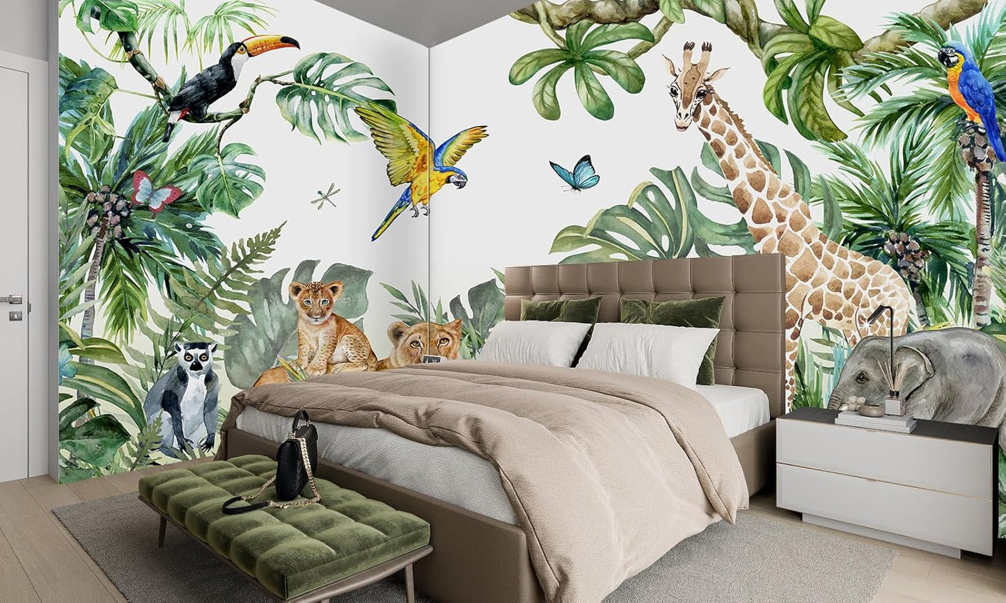 Safari Wallpaper for Children with Animals Jungle Wall Mural Watercolor Animals Nursery Wallpaper Kids Room Decor(Not Peel n' Stick)