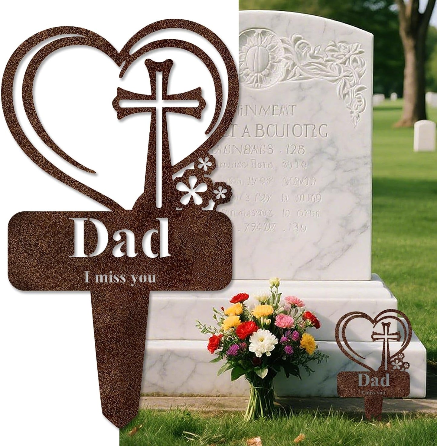 Dad Memorial Grave Stake, Cemetery Decorations for Grave Markers 12.5 x 7.2 inch Heart Metal Sympathy Stakes Graveside Plaque Decor Sign for Father Graves, Yard, Garden - Rust-Dad