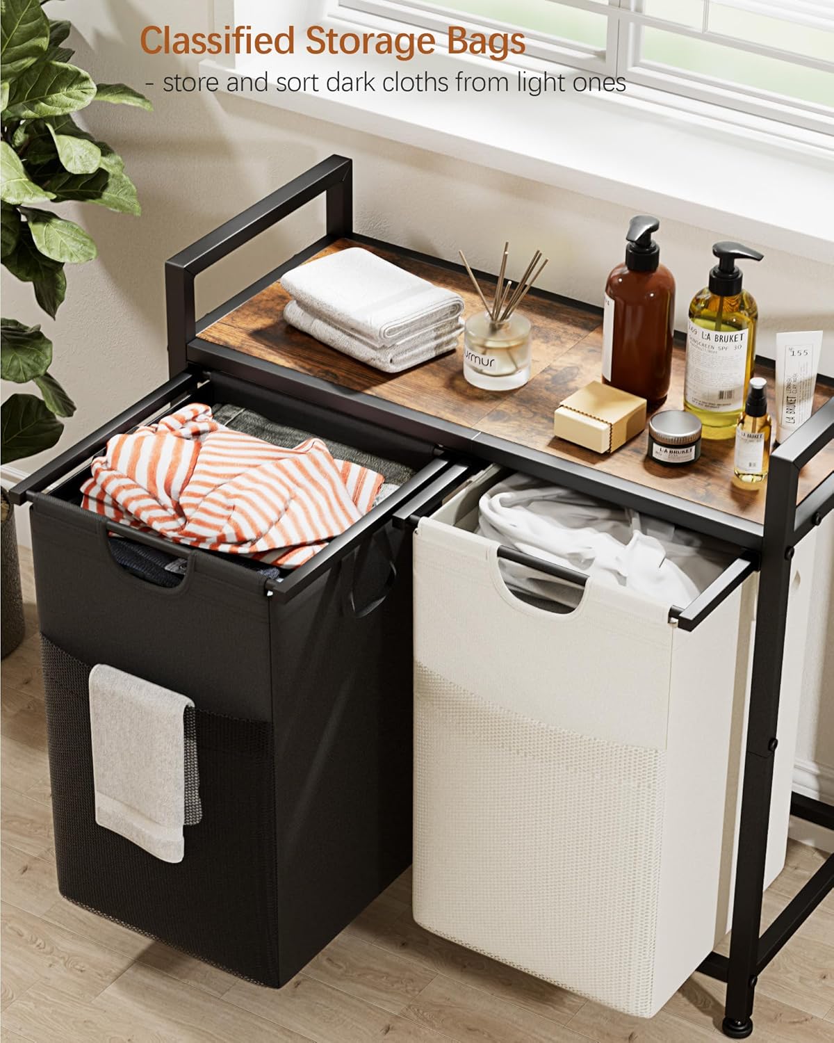 Lulive Double Laundry Hamper, Multifunctional Basket Organizer, 112L Laundry Sorter with Removable Bags and Fabric Handles, Large Top Shelf Laundry Bag for Bathroom, Dorm, Laundry Room