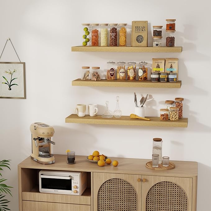 Fun Memories 36 x 8 Inch Floating Shelves for Wall, Farmhouse Bathroom Shelves Set of 2, Wood Wall Shelves 36 Inch Long, 36 x 8 x 1.4 Inch, Oak Color