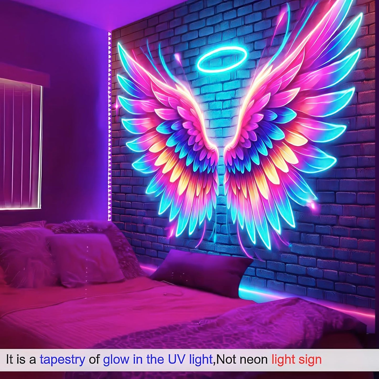 BlissYard Blacklight Angel Wings Tapestry UV Reactive Neon Wings Wall Hanging Tapestries Pink Angel Wings Tapestries for Girls Teens Glow in the Dark Tapestry for Party Carnival Backdrop 59 X 78 in