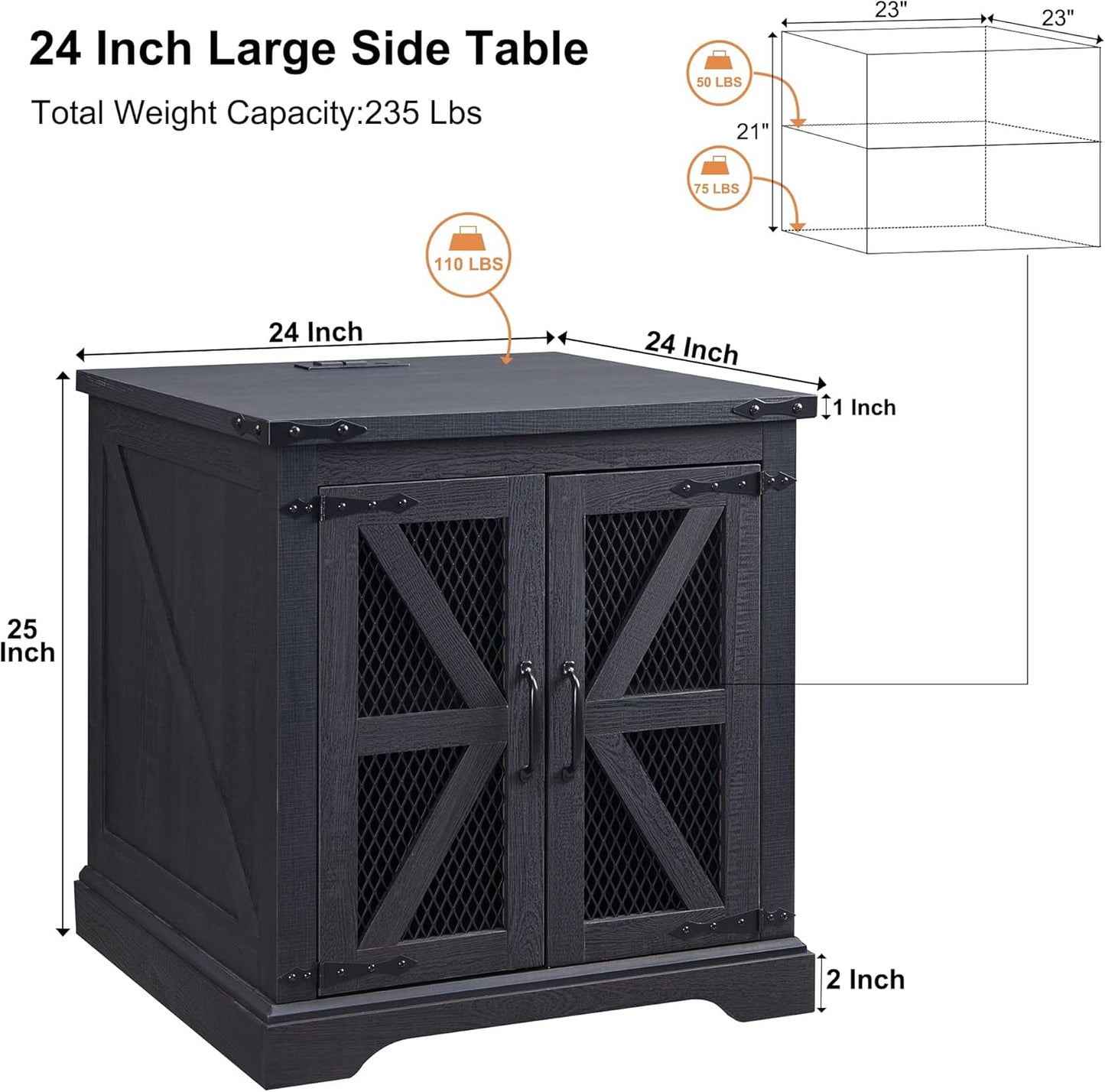 JXQTLINGMU Farmhouse End Table, 24" Large Sofa Side Table with Charging Station, Mesh Barn Door, and Adjustable Storage Shelf, Rustic Wood Square Nightstand for Living Room, Bedroom, Office, Black