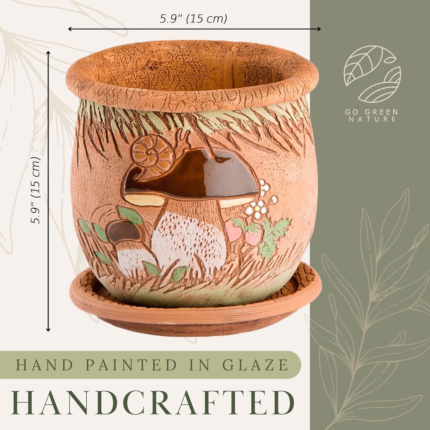 Ceramic Pot with Drainage Hole and Saucer, Plant Pots, Modern Decorative Planters for House Plants Indoor Flowers Plants, Cute Flower Pot - Gifts (Mushrooms)