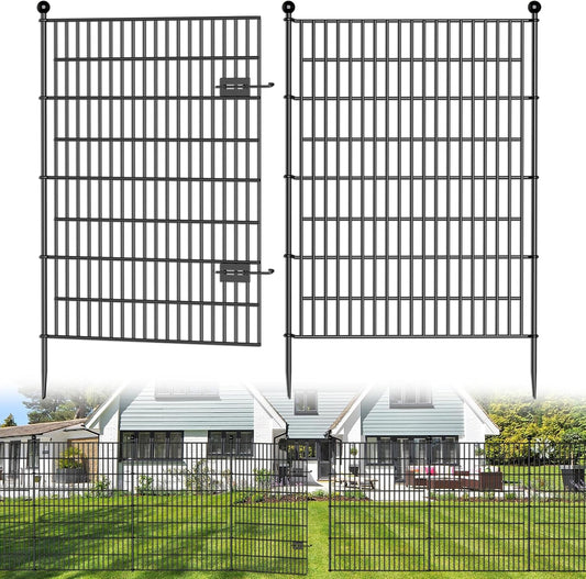 4 Panels No Dig Decorative Outdoor Garden Fence with Gate for Yard, 48 in(H) X 10.5 ft(L) Animal Barrier Fencing Rustproof Metal Wire Panel Border for Dog, Rabbits, and Patio Temporary Ground Stakes