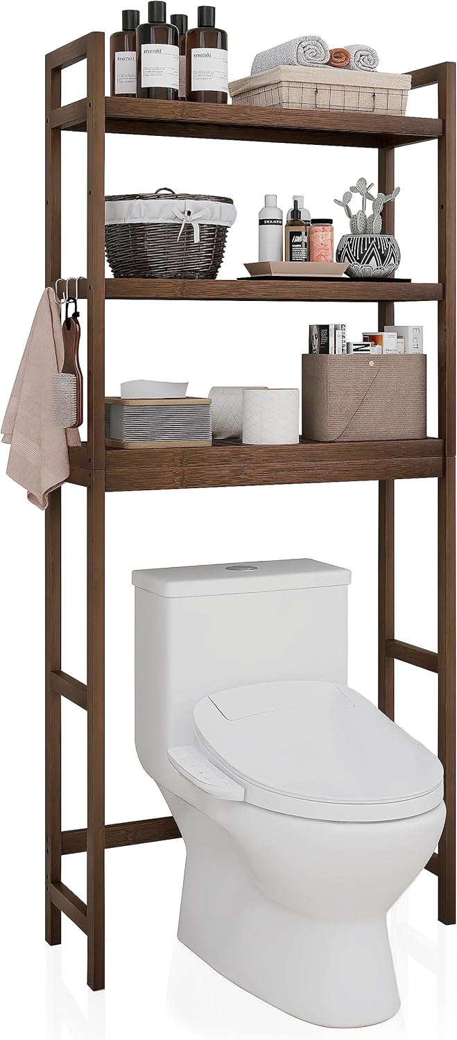 SMIBUY Bathroom Storage Shelf, Bamboo Over-The-Toilet Organizer Rack, Freestanding Toilet Space Saver with 3-Tier Adjustable Shelves (Walnut)