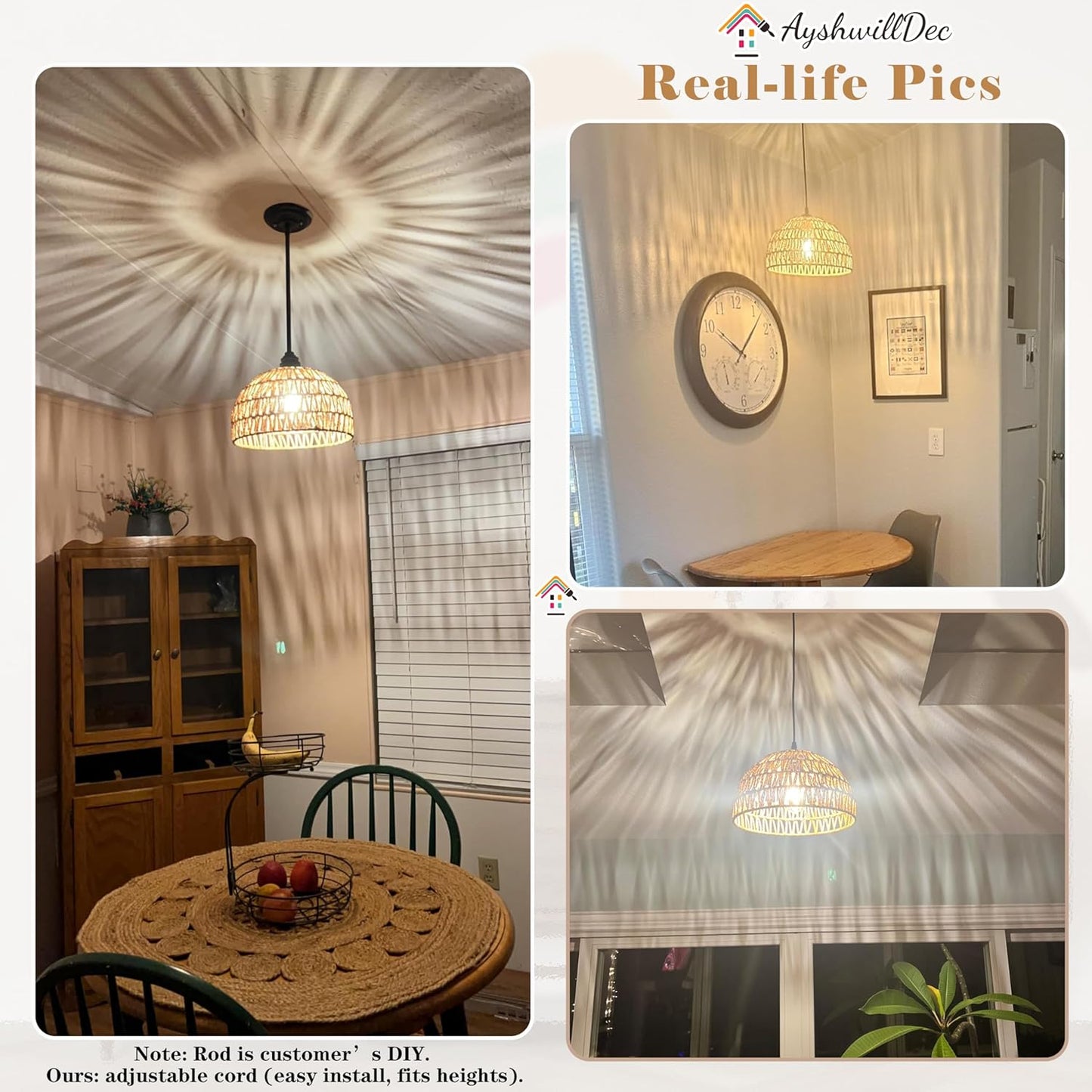 Hemp Rope Woven Pendant Light Woven Light Fixture Boho Chandelier Light Fixture Wicker Pendant Lights Rattan Lights Pendant Dome Wicker Chandelier for Dining Room Kitchen Island(Bulb Incl.