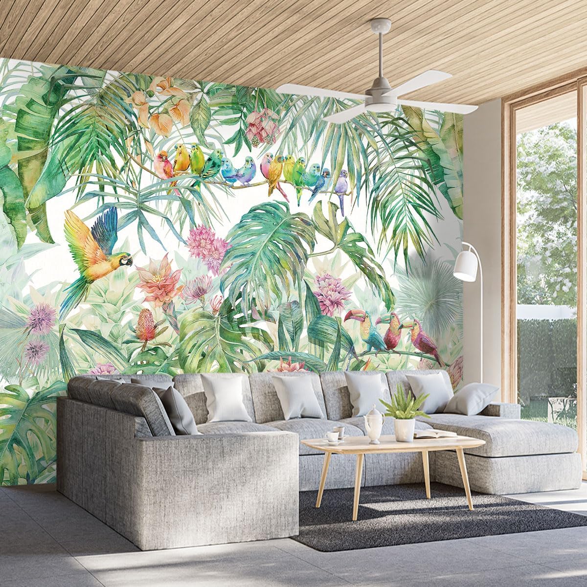 Tropical Green Botanical Flower Birds Leaf Wallpaper Bedroom Plant Floral Mural Room Decor Living Room tv Background Large Wall Mural - 160"x108" (Not Peel and Stick)
