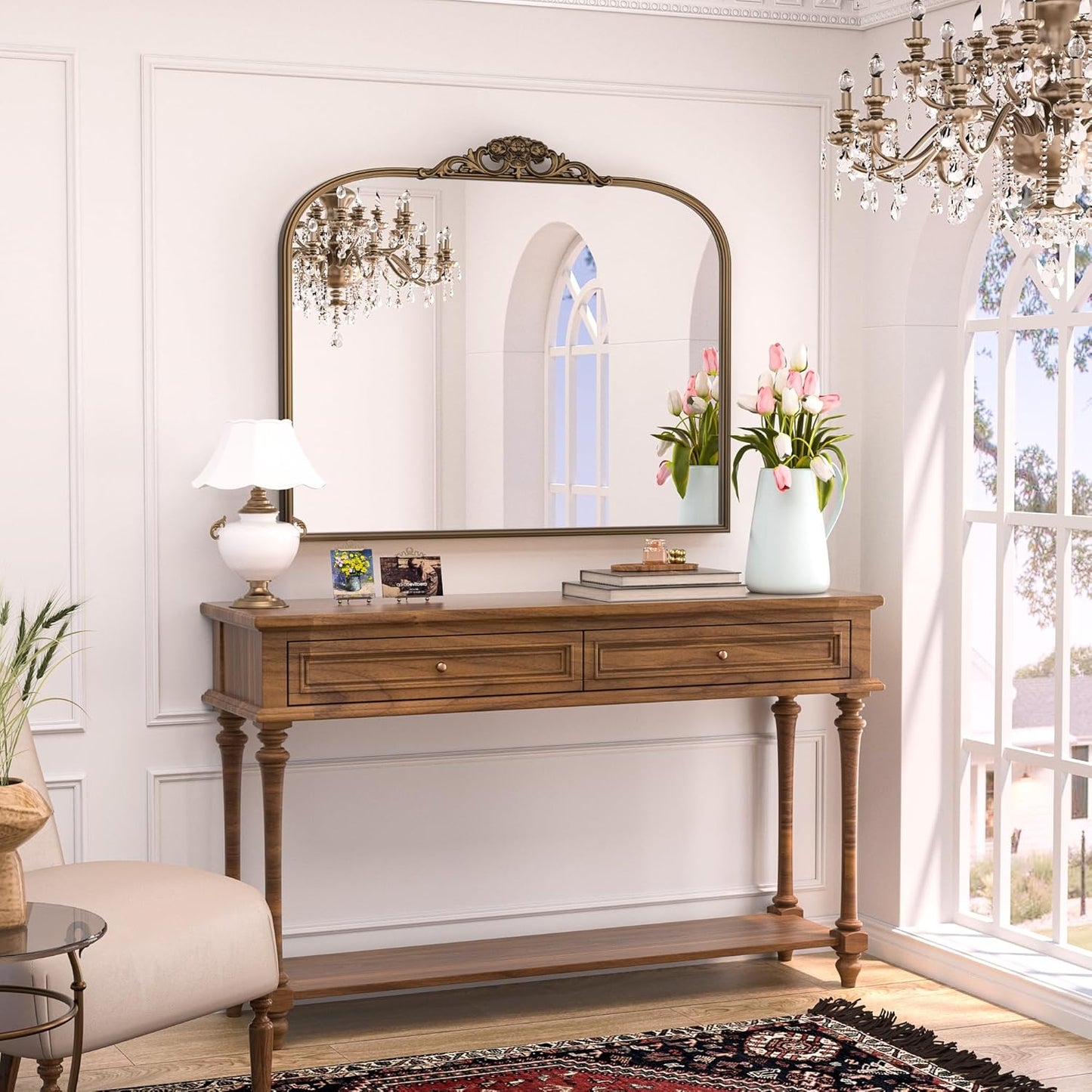 Keonjinn Vintage Gold Mirror, 40" x 30" Large Arched Mirrors with Metal Frame for Wall, Brass Baroque Mirror, Ornate Decorative Mirror for Mantle, Bathroom, French Cleat Mounting