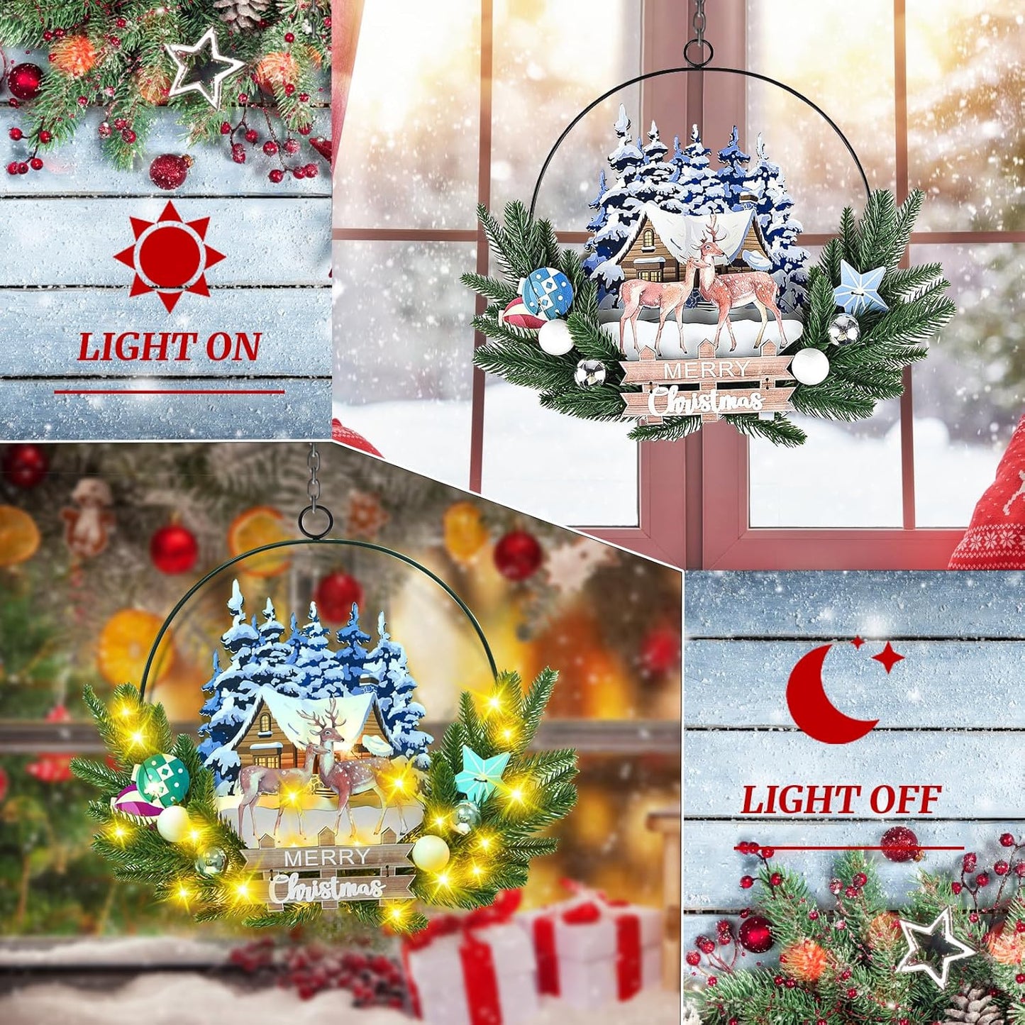 Light up Christmas Wreaths for Front Door, Welcome Metal Wooden Door Wreath Decor Hanging Sign, 30 LED Lighted Wall Decor Battery Operated for Halloween Indoor Outdoor (Deer)