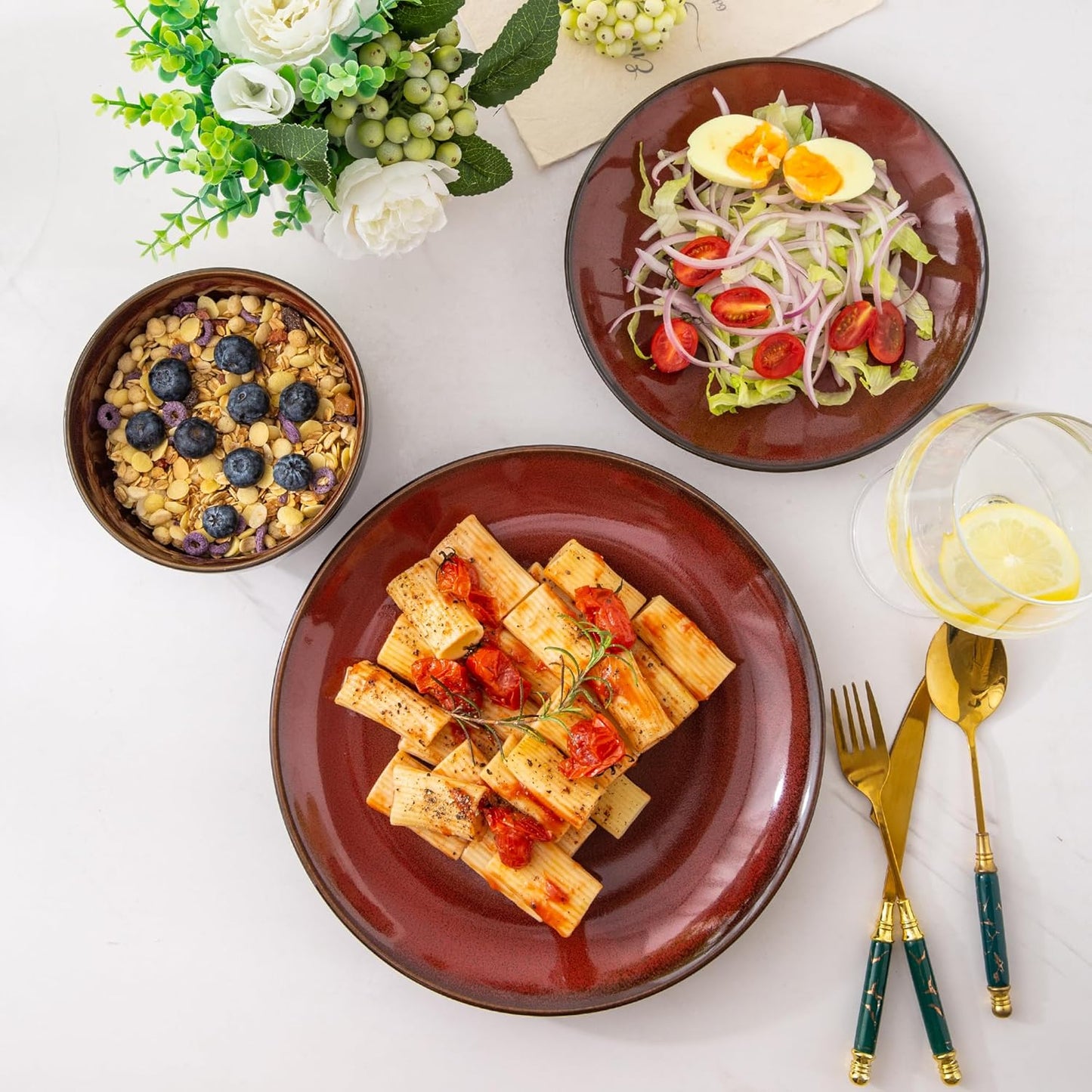 LERATIO Ceramic Dinnerware Sets for 8,Stoneware Plates and Bowls Sets,Handmade Reactive Glaze Dishes Set,Chip Resistant and Scratch Resistant | Oven&Dishwasher & Microwave Safe-Red (24PCS)