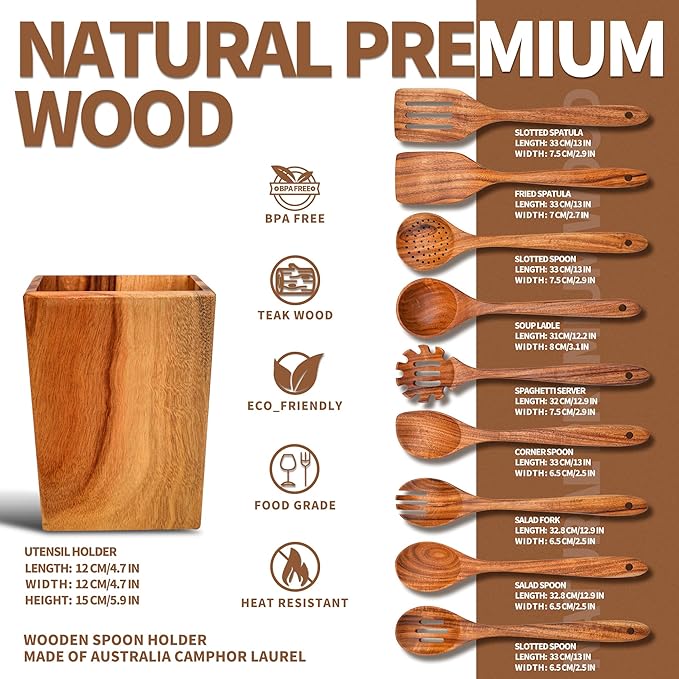 Gudamaye 13 inch Long Wooden Spoons for Cooking, 9 PCS Natural Teak Wooden Kitchen Utensil Set with Utensils Holder Made of Australia Camphor Laurel Wood，Wooden Utensils for Cooking