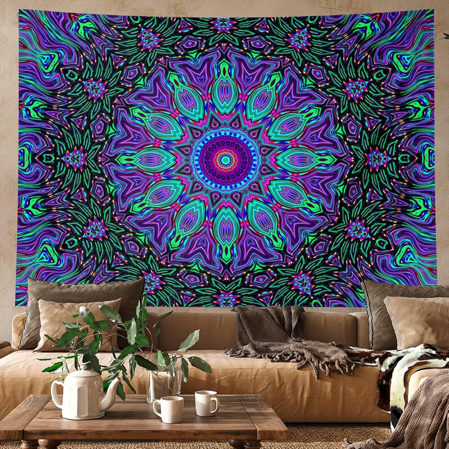 PSYHILAR Blacklight Mandala Tapestry for Bedroom, Psychedelic Black Light Posters for Adults and Teens, Neon UV Reactive Aesthetic Bohemian Art Wall Hanging Decor (80 x 60 Inches)