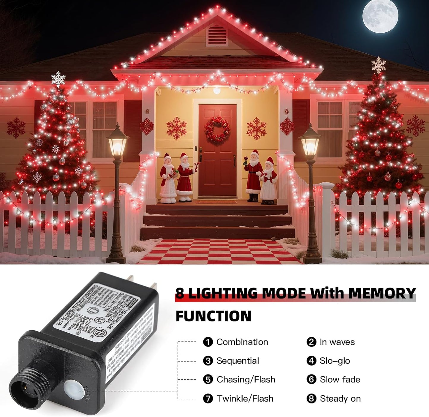 XTF2015 Christmas String Lights, 105ft 300 LED Christmas Lights 8 Modes Memory Function & Timer- UL Certified - Outdoor Indoor Christma s Fairy Lights for Tree, Garden, Party, Wedding(Red + White)
