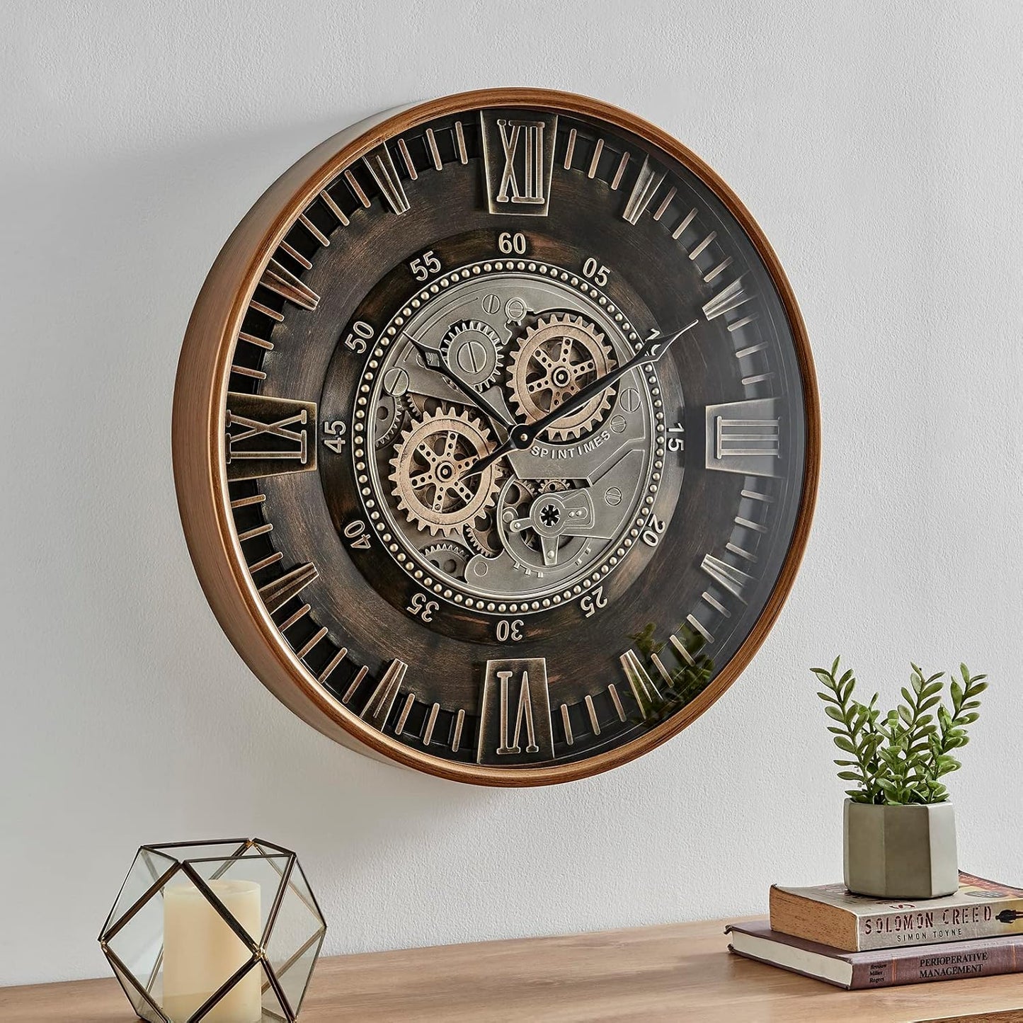 CLXEAST 24 Inch Large Moving Gear Wall Clock for Farmhouse Living Room Decor,Vintage Industrial Bronze Gold Metal Wall Clock for Home Office,House Warming Gifts New Home