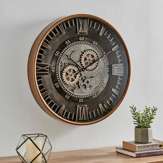 CLXEAST 24 Inch Large Moving Gear Wall Clock for Farmhouse Living Room Decor,Vintage Industrial Bronze Gold Metal Wall Clock for Home Office,House Warming Gifts New Home
