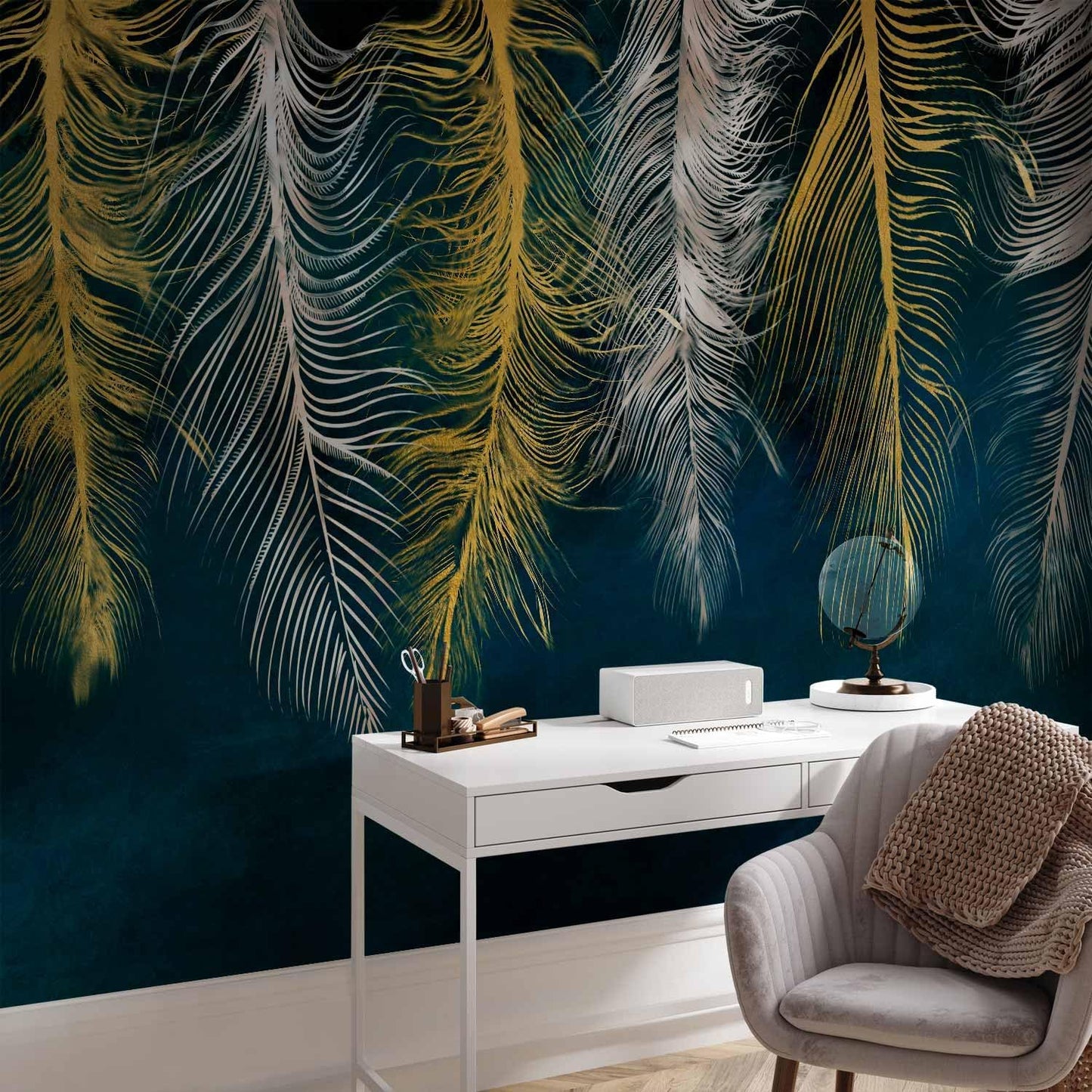 artgeist Wall Mural Feather 157x110 in - XXL Non-Woven Wallpaper Fleece Wall Decor Photo Print Picture Image Design Landscape Abstract Beige Navy Blue b-A-0812-a-a